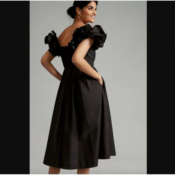 Maeve Ruffled Neckline Off Shoulder Pleated Corina Midi Dress Anthropologie - Picture 2 of 9